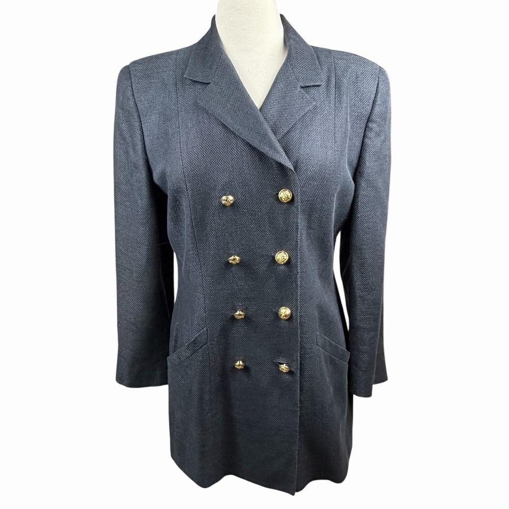 VTG Salvatore Ferragamo Double‎ Breasted Blazer Black Gold Buttons Long